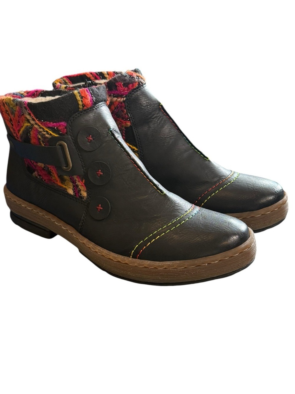 Rieker Black Leather Ankle Boots Faux Fur Lined Colorful Stitching US 11 NWT - Picture 7 of 13